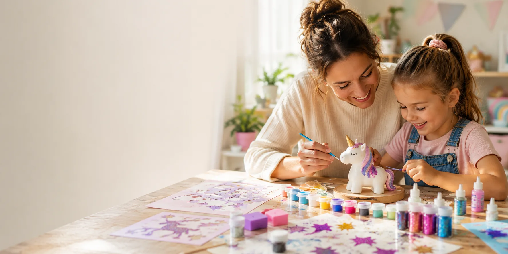 Moeder en kind schilderen samen een Craftiverse eenhoorn-nachtlampje aan tafel