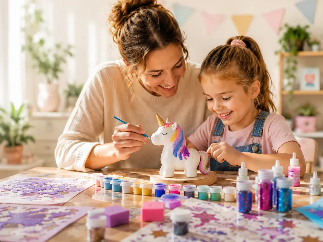Moeder en kind schilderen samen een Craftiverse eenhoorn-nachtlampje aan tafel